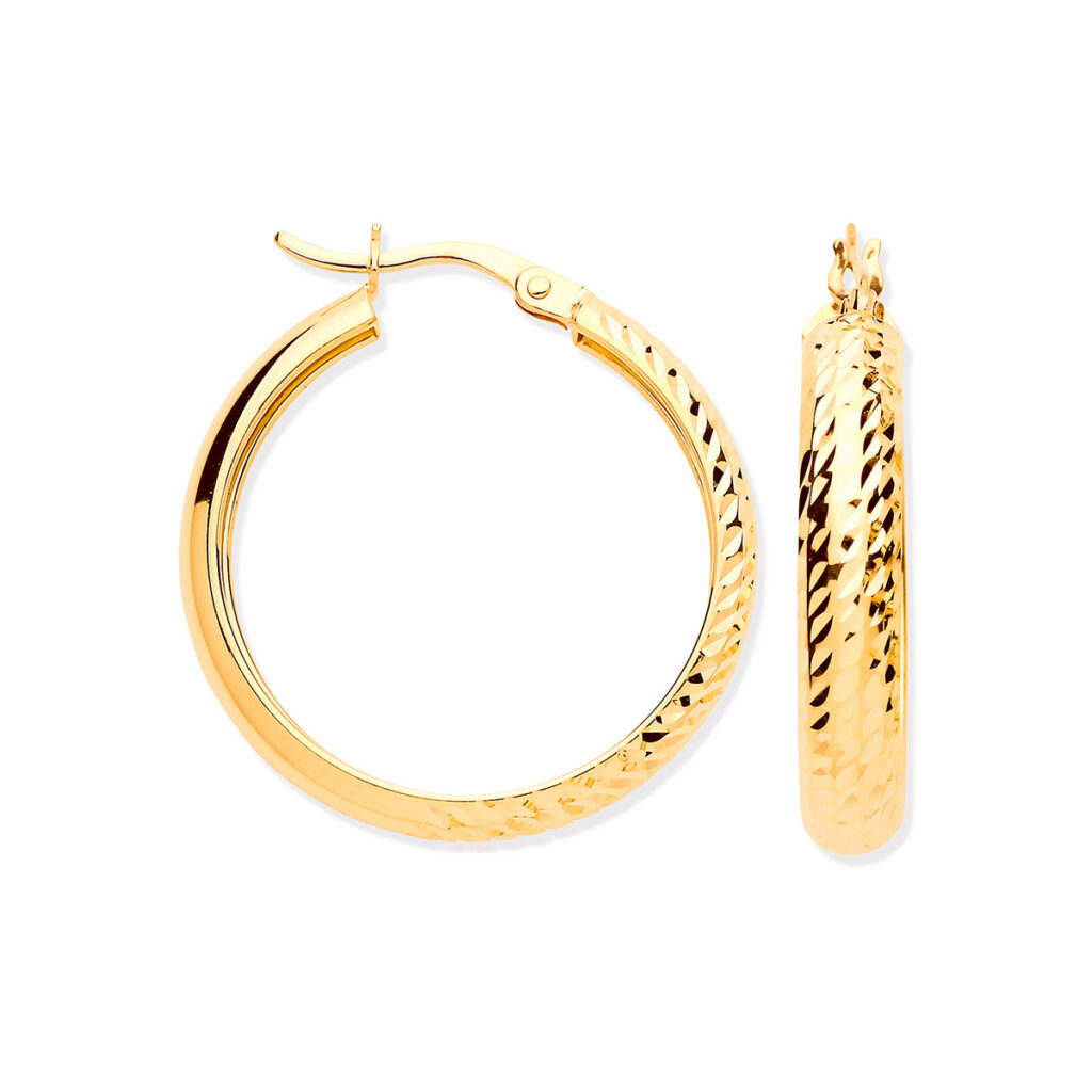 Gold Half Diamond Cut Half Plain Hoop Earrings ER1588