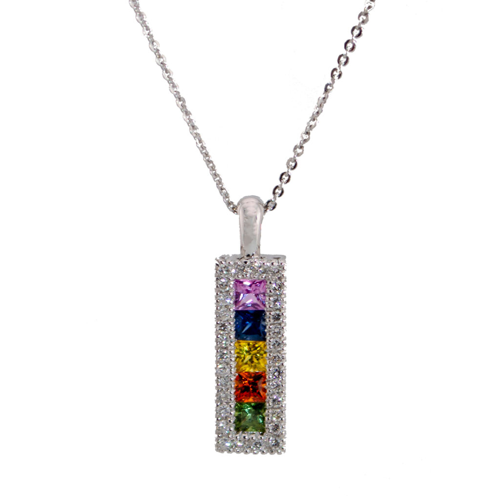 Multi Colour Princess cut Sapphire Diamond and Chain Pendant 6E29W-18DS