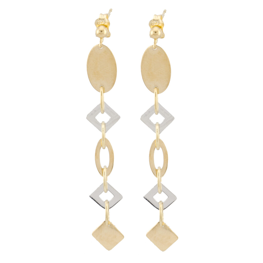9ct Yellow and white Gold 62 mm length, Square and Oval long Drop Earrings HLX-ER0013