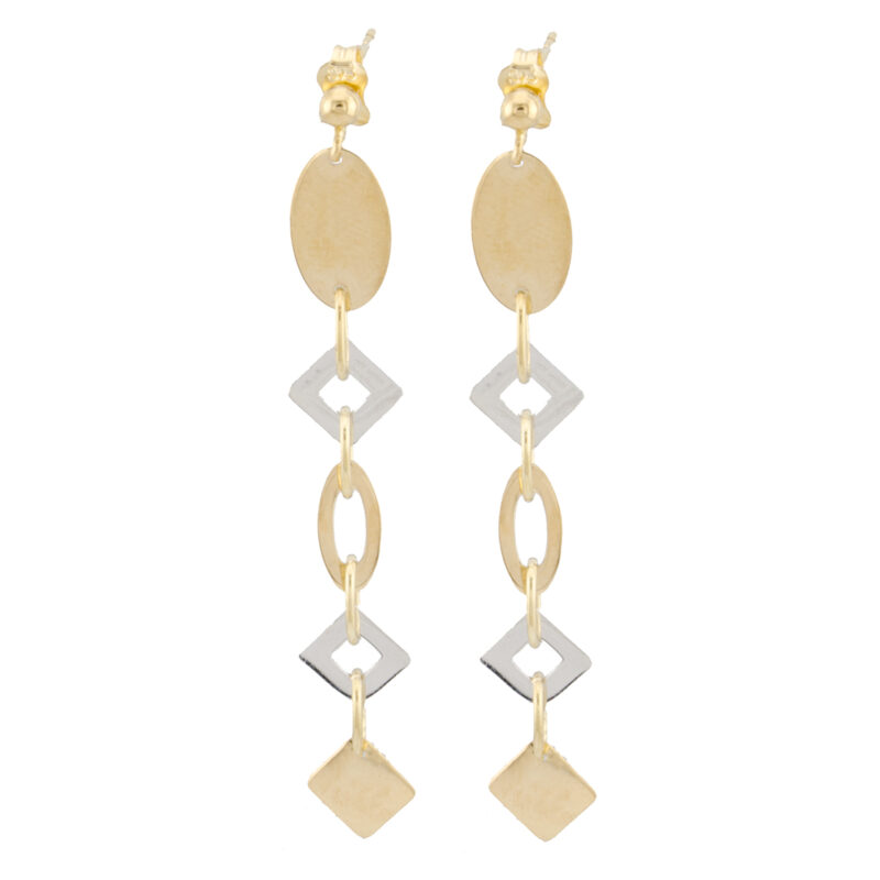 9ct Yellow and white Gold 62 mm length, Square and Oval long Drop Earrings HLX-ER0013